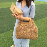Ladies square wooden handle large capacity straw woven handbag