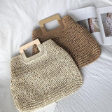 Ladies square wooden handle large capacity straw woven handbag